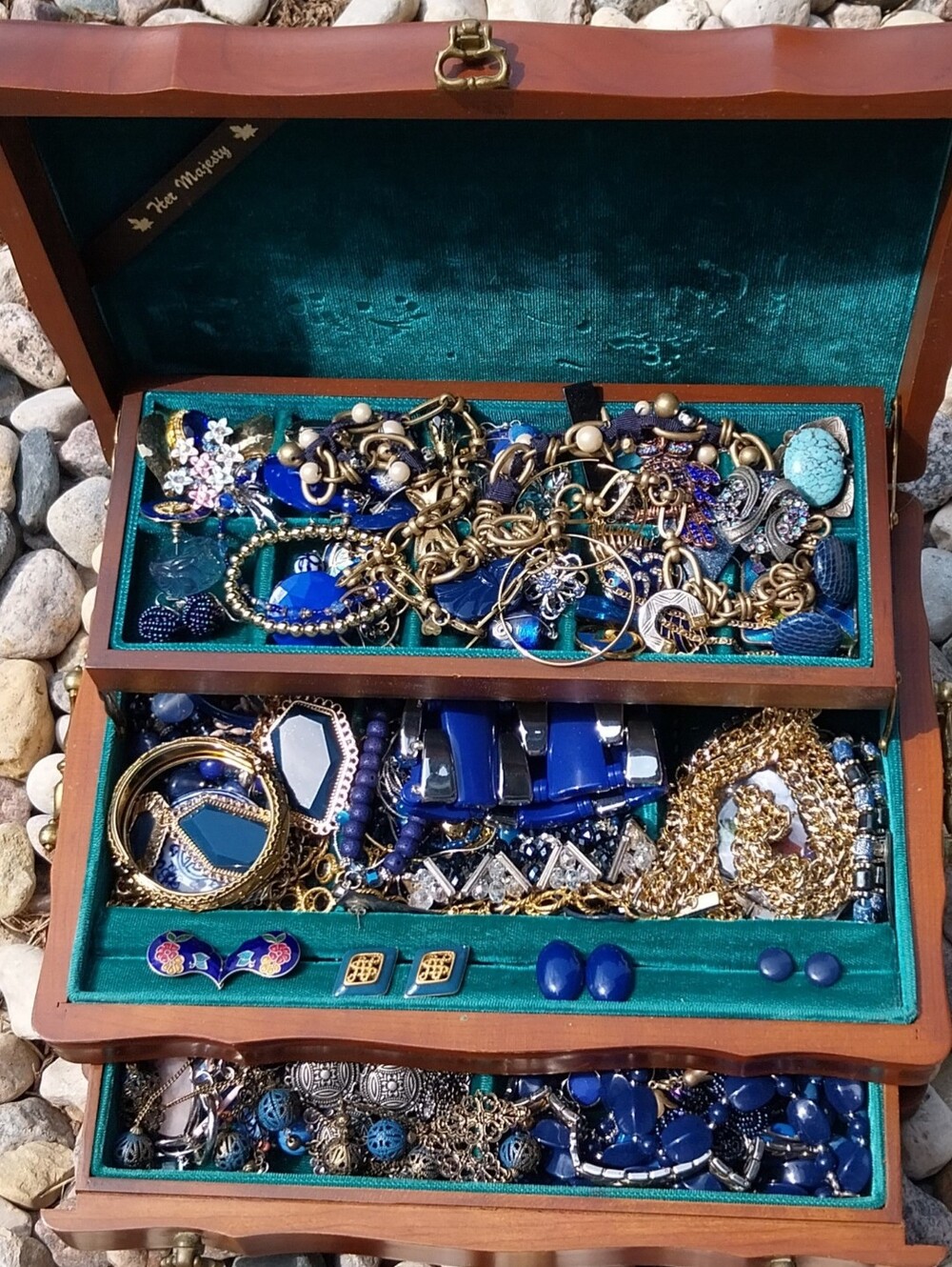 Vintage Multi-Drawer Jewelry Box Filled with Blue and Gold Costume Jewelry Set